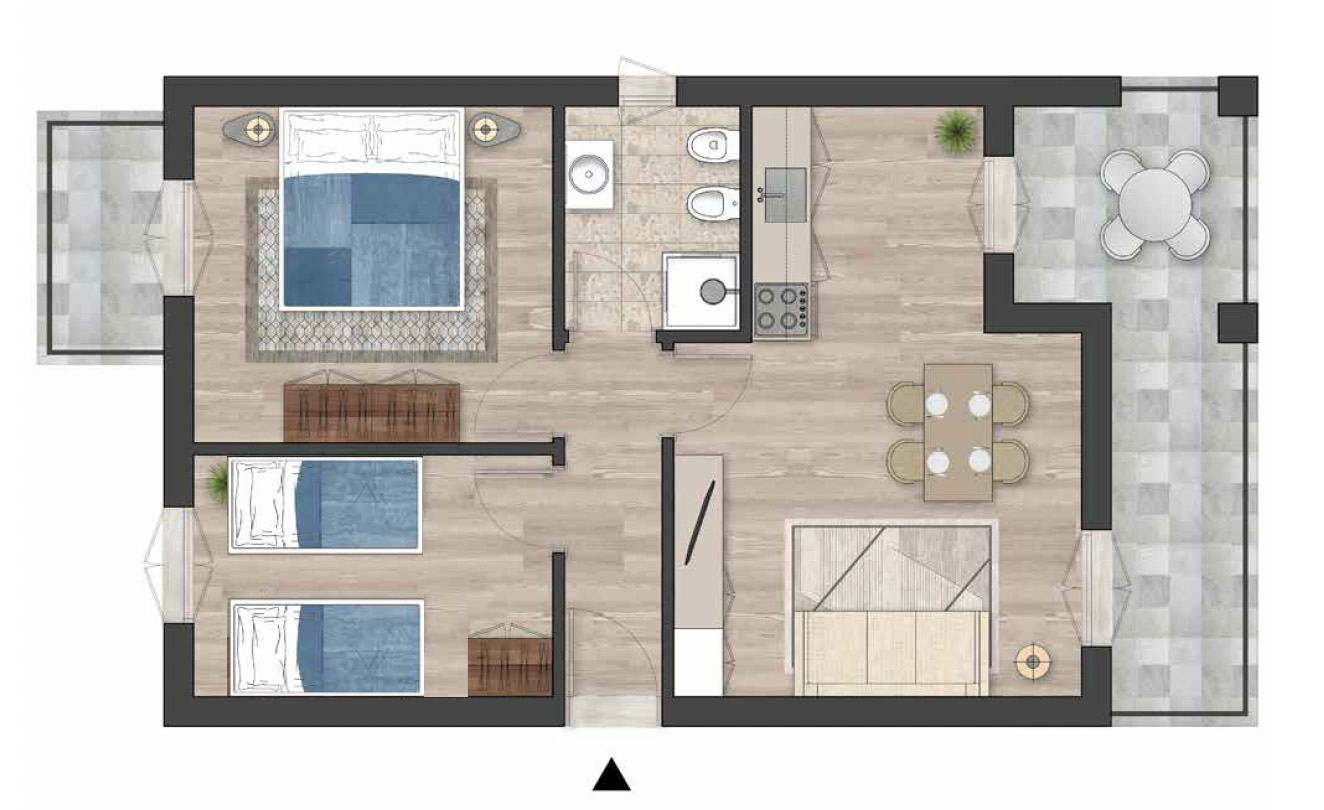 Plattegrond Appartement Assisi 2 – 2 slaapkamers, badkamer, woonkeuken en 2 balkons